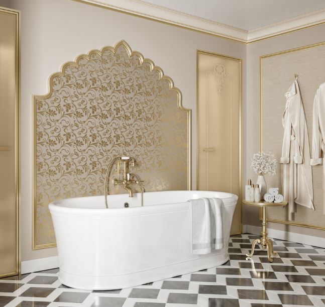 a bathroom with a tub and gold patterned wall