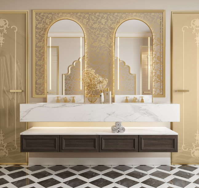 a bathroom with a marble countertop and gold patterned walls
