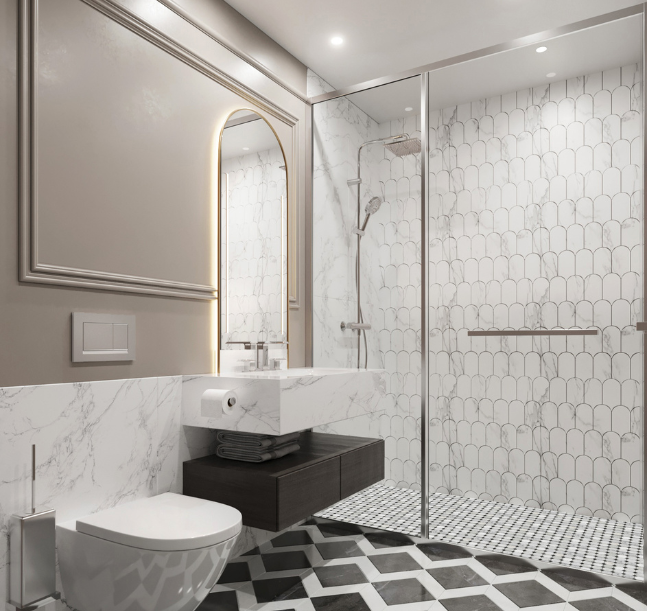 a bathroom with a shower and sink