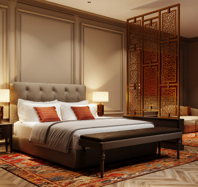 a room with a bed and a bench