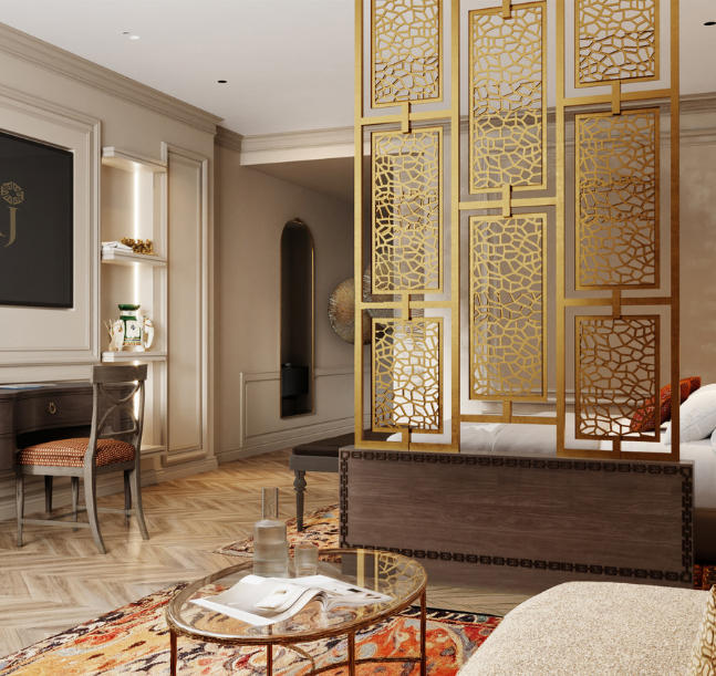 a room with a gold screen