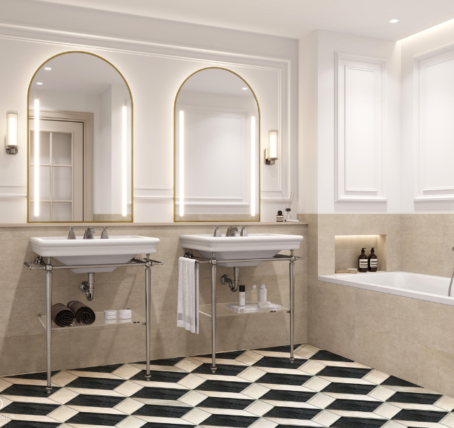 a bathroom with a black and white tiled floor