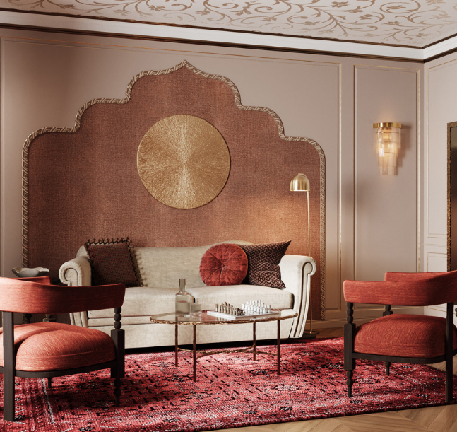 a living room with a couch and chairs