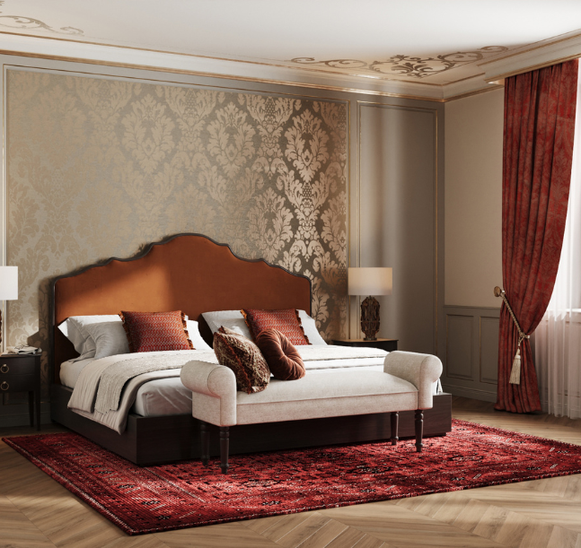 a bedroom with a bed and a red rug