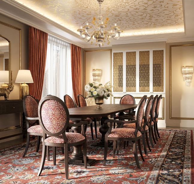 a room with a table and chairs