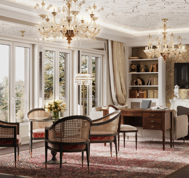 a room with a table and chairs