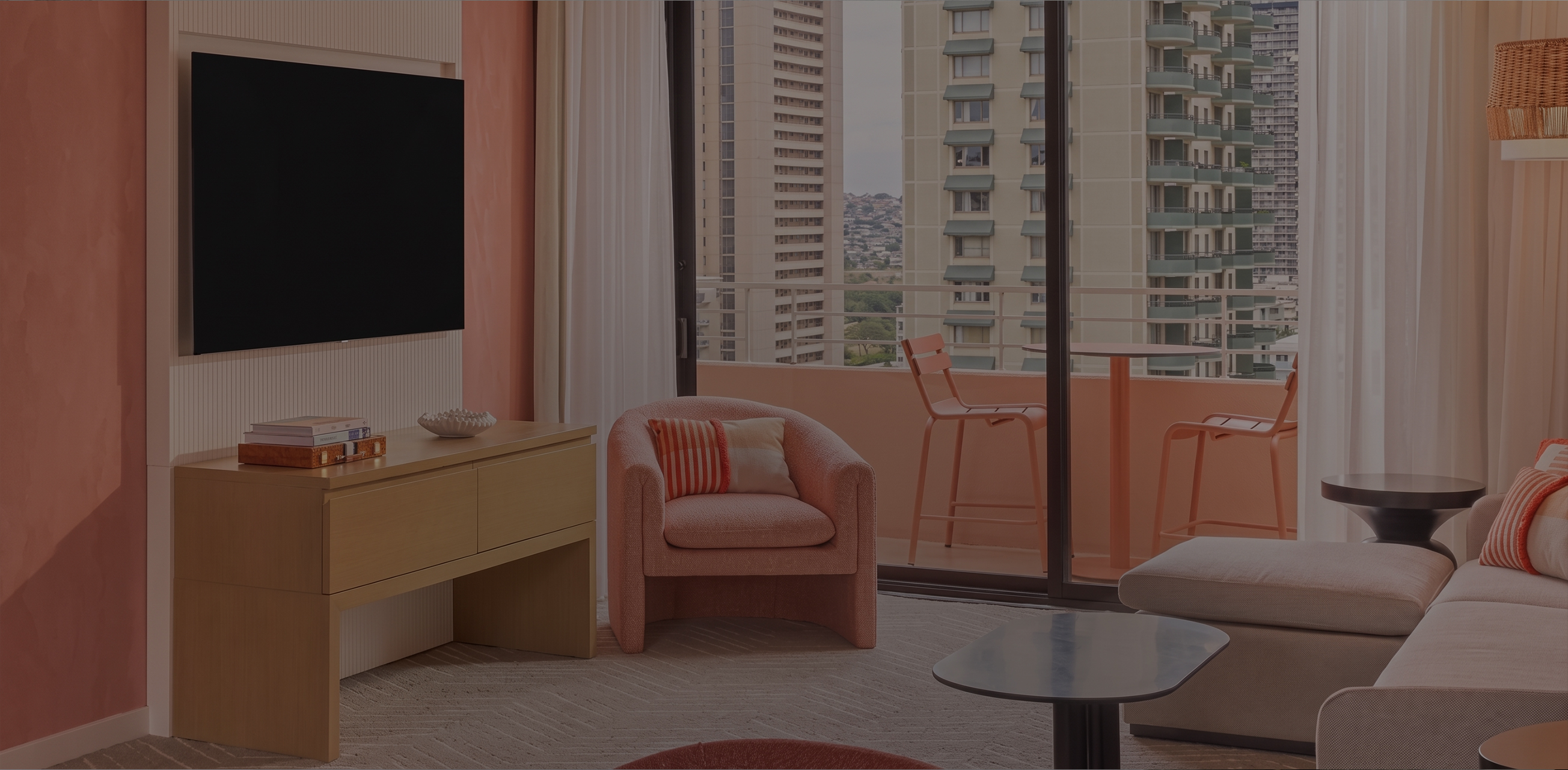 a living room with a chair and a table