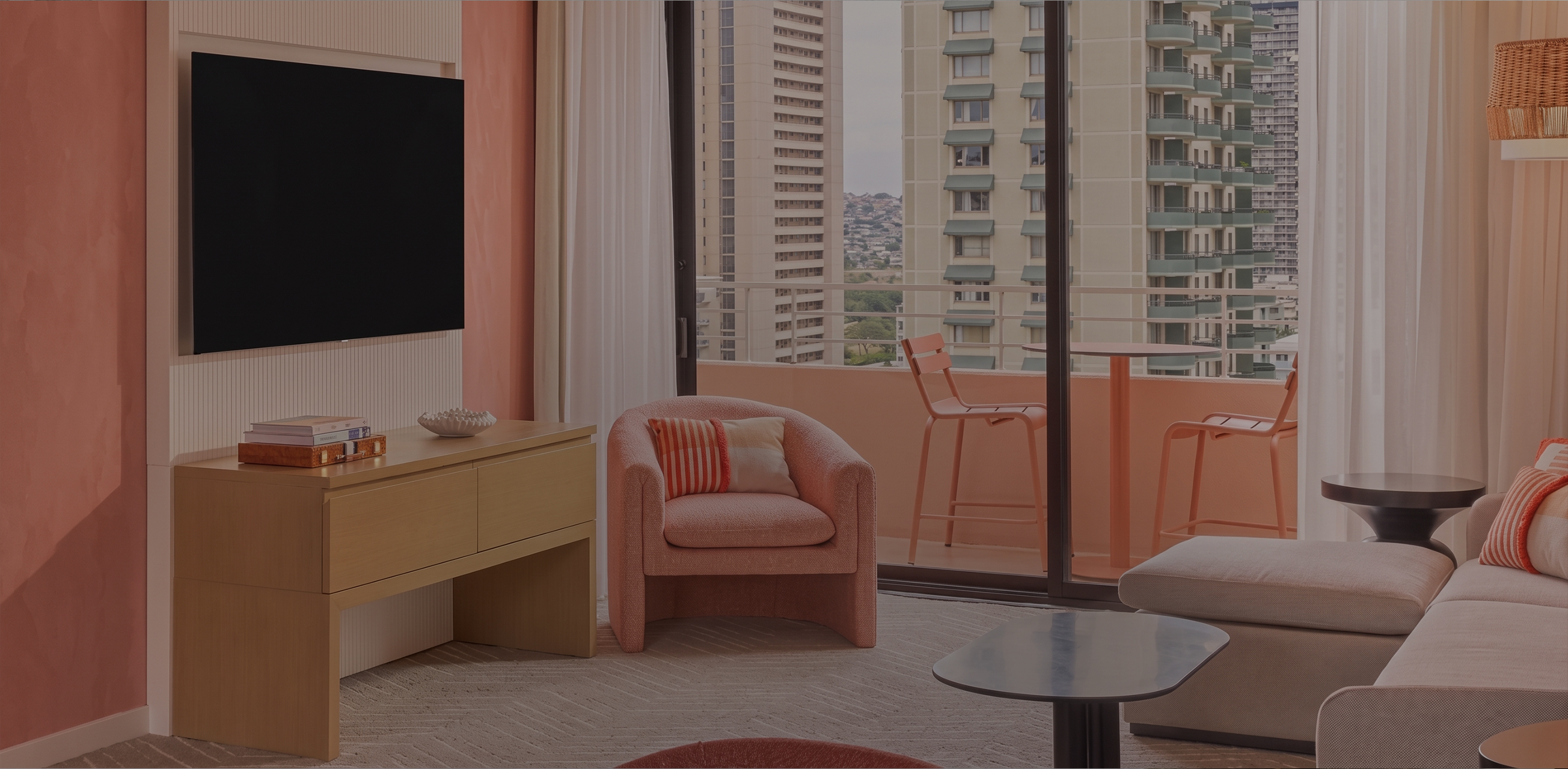 a living room with a chair and a table