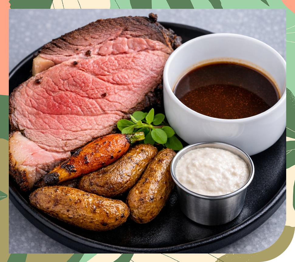 prime rib and vegetables