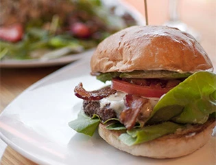 a close-up of a burger