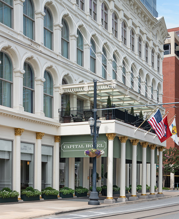 a building with a flag on the front