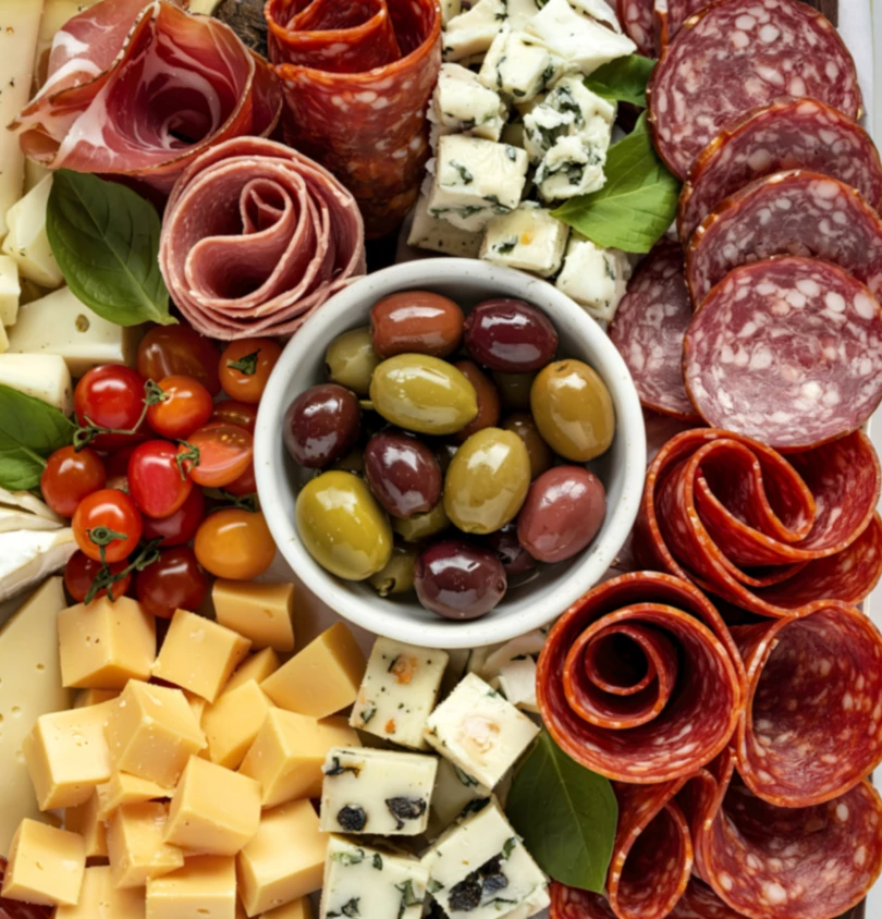 a platter of meat and cheese