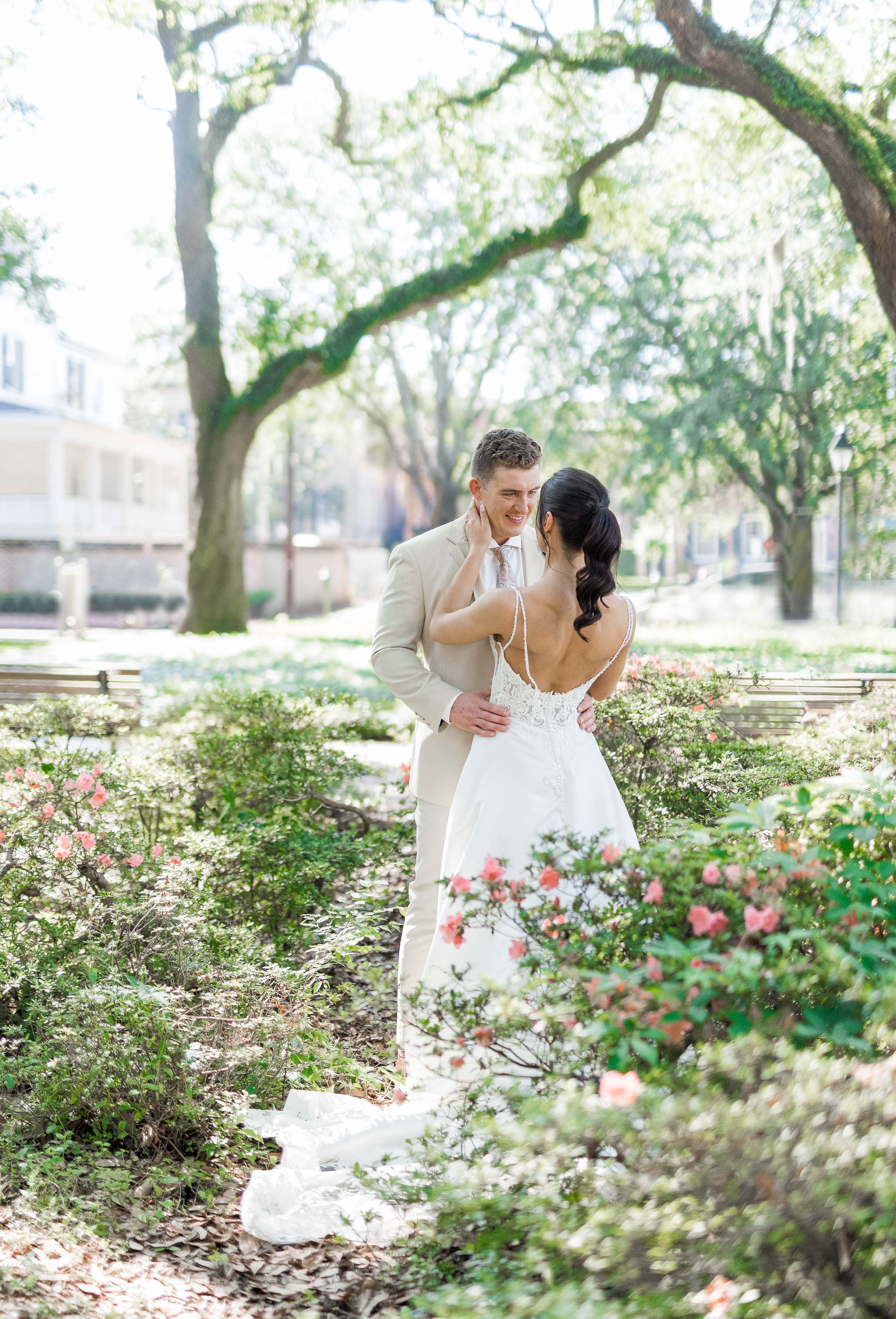 a man and woman in a white dress