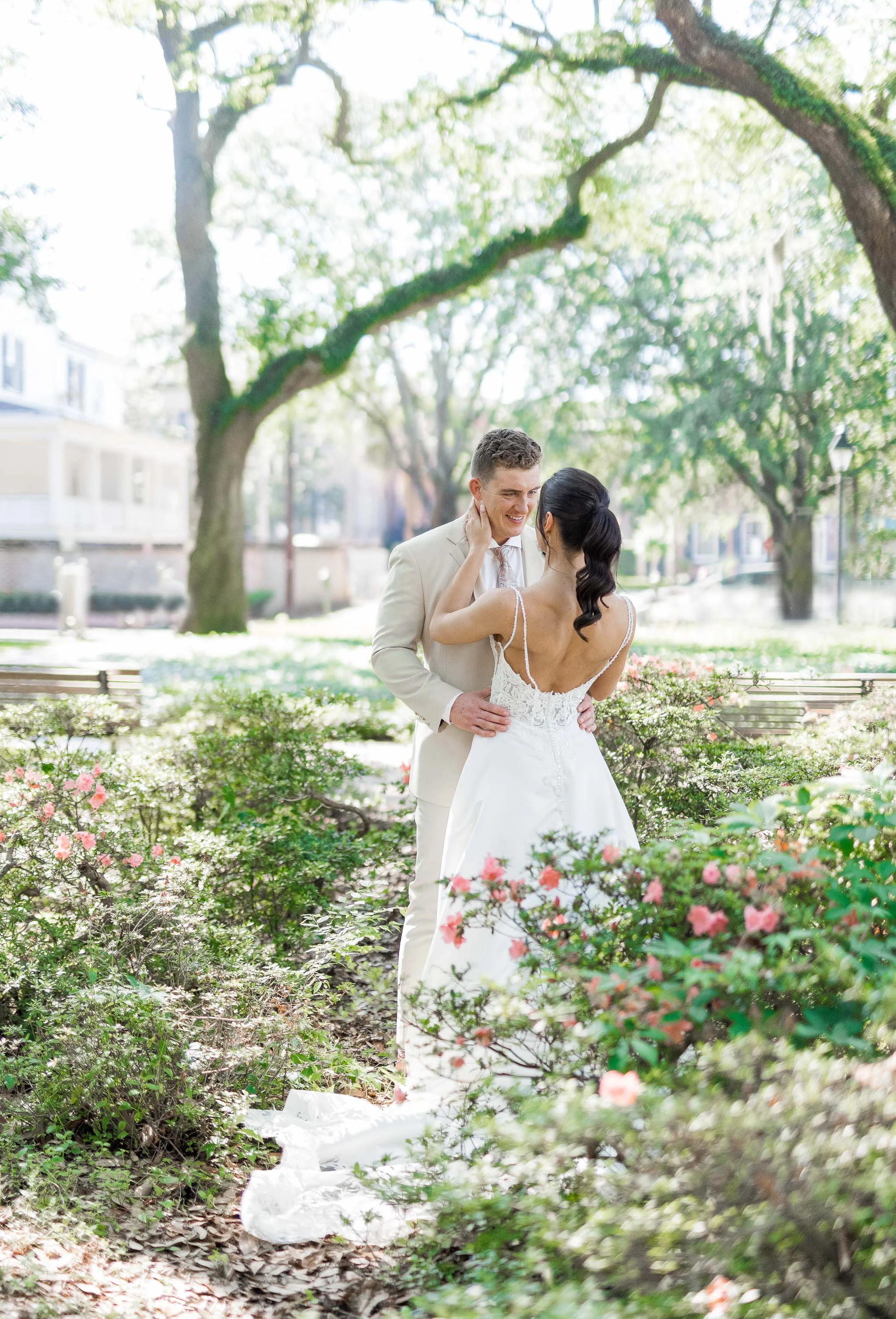 a man and woman in a white dress