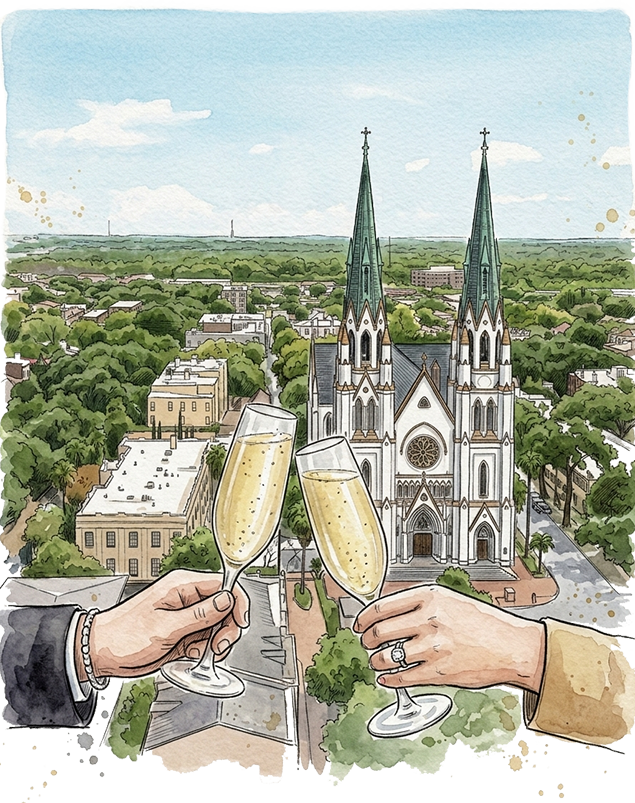 a couple of hands holding champagne glasses with a city in the background