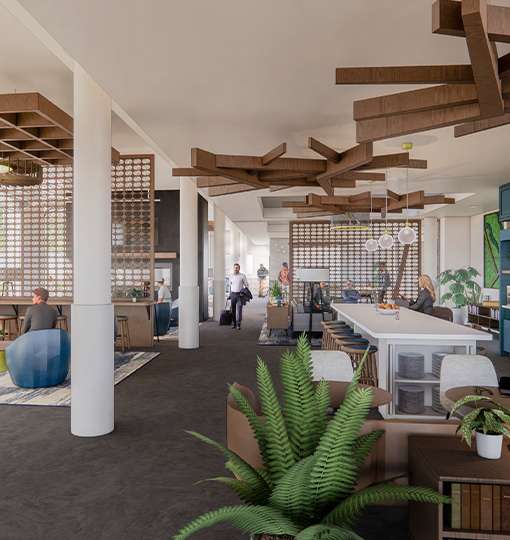 a room with people and plants