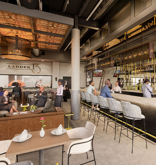 people sitting at tables in a restaurant