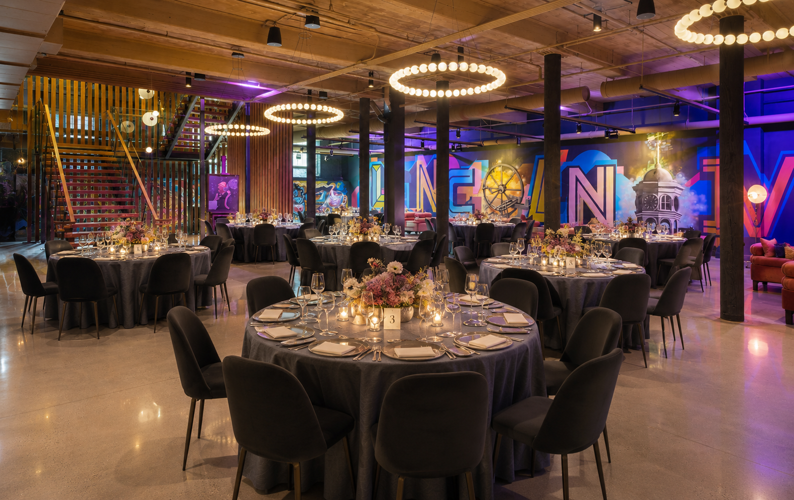 a large room with tables and chairs