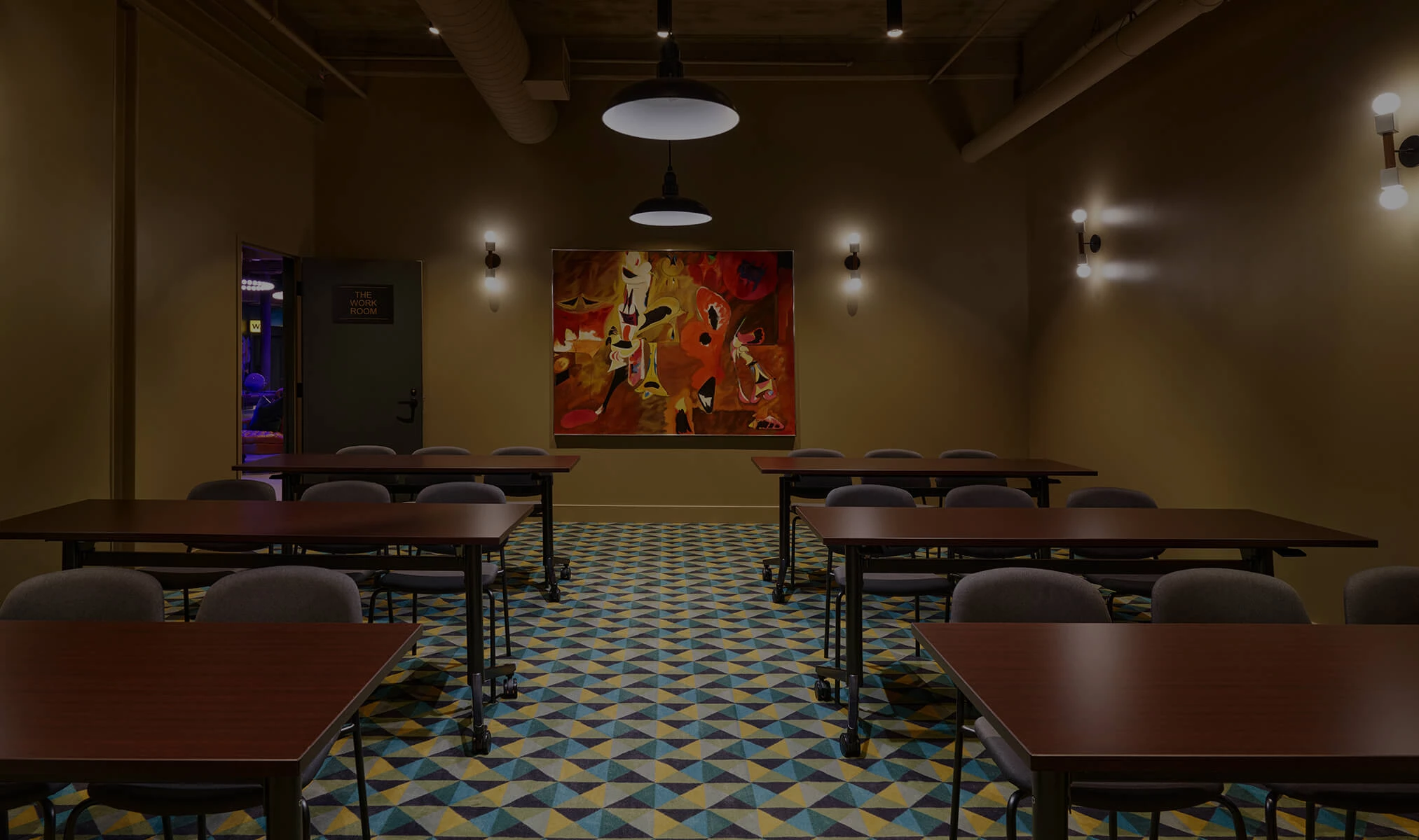 a room with tables and chairs