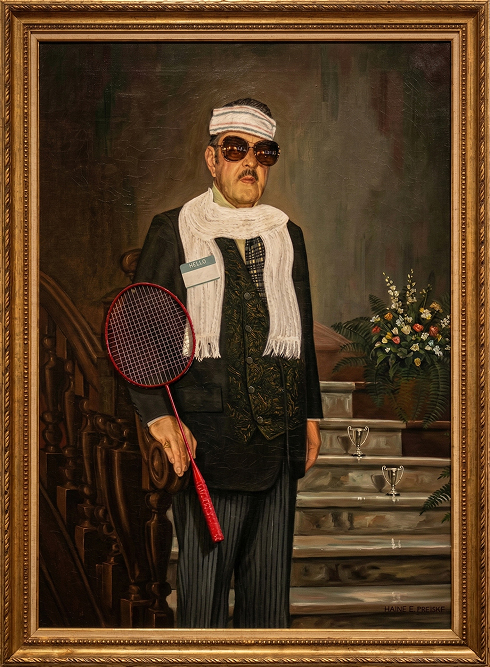 a painting of a man holding a tennis racket