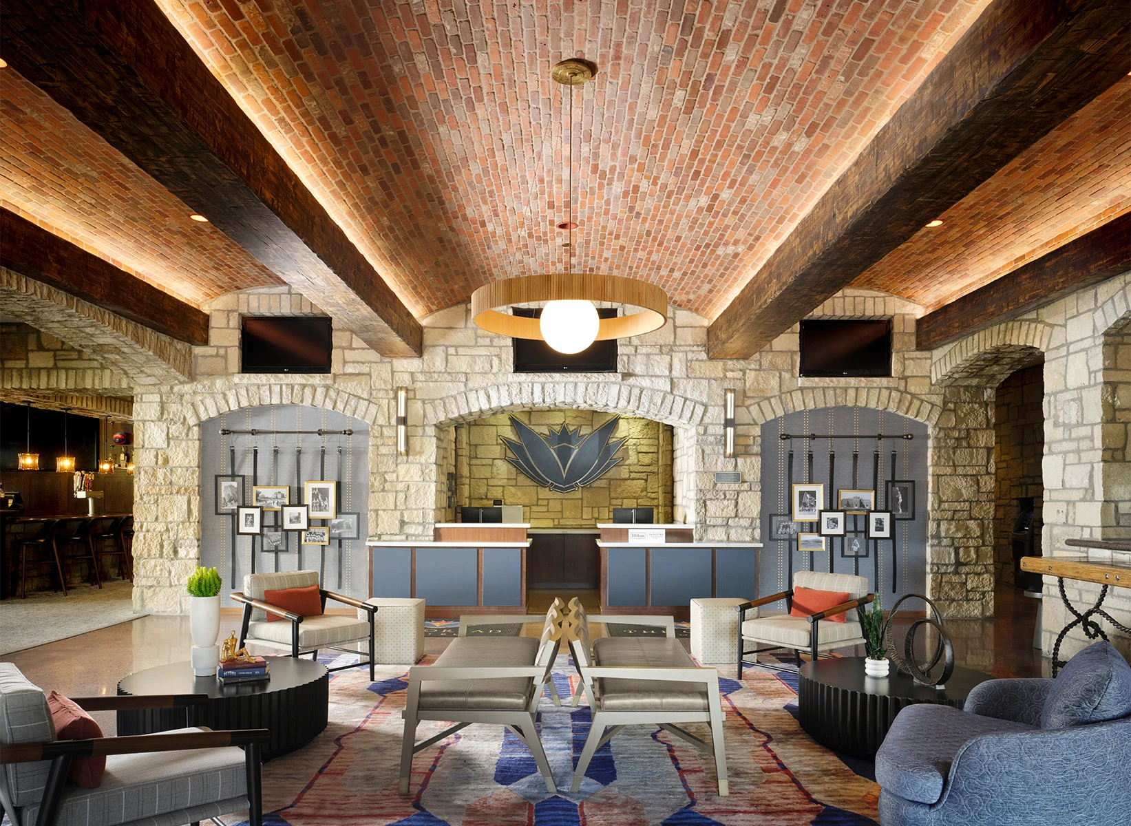 a room with brick walls and a brick ceiling