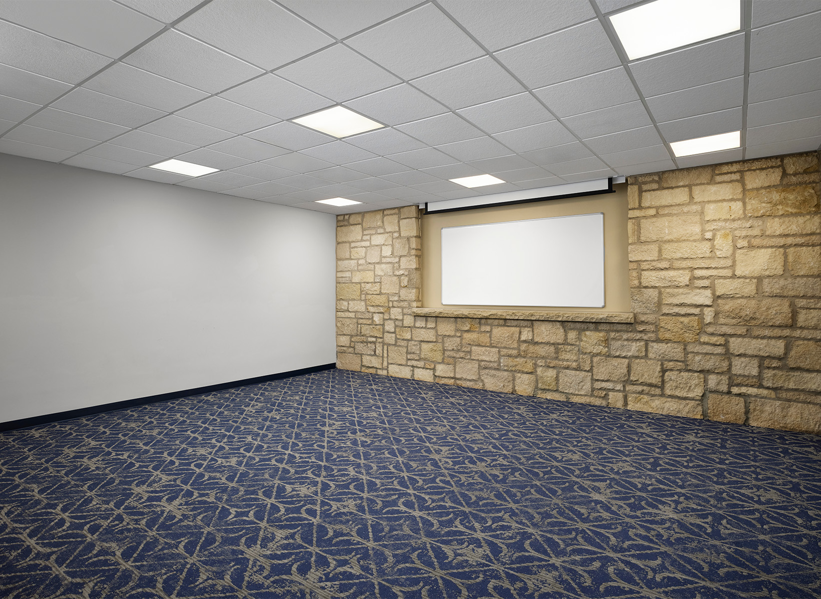 a room with a stone wall and blue carpet
