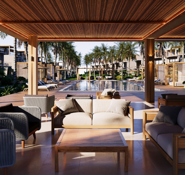 a pool with a couch and chairs