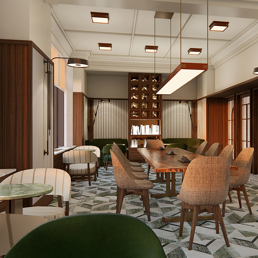 a room with a table and chairs