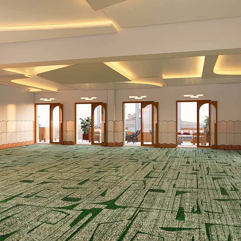 a room with green carpet and doors