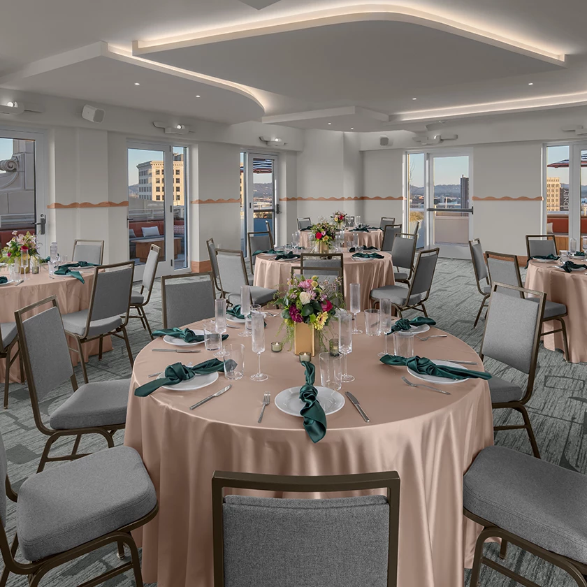 a room with tables and chairs