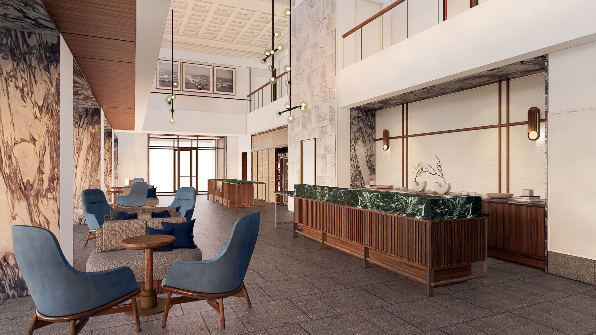 a room with a marble counter and chairs