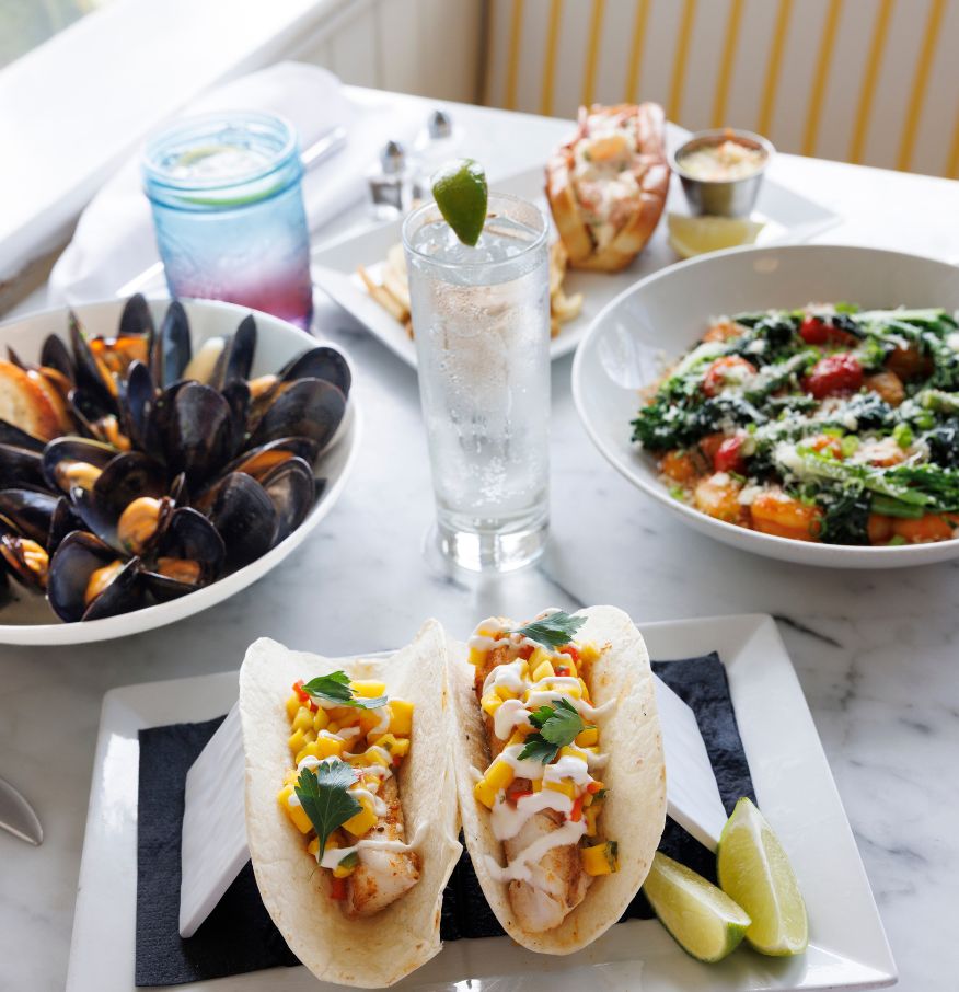 Table scape of food at The Tides Beach Club Restaurant