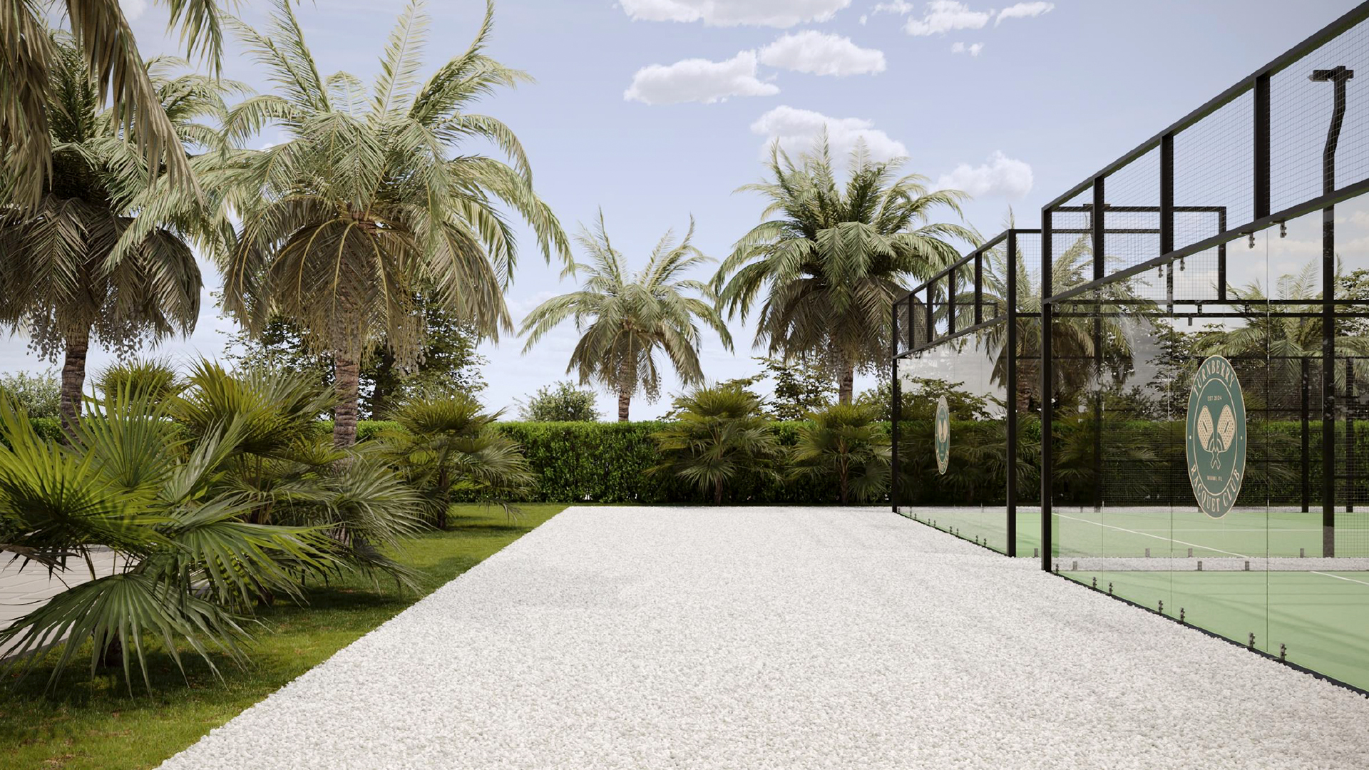 a white gravel walkway with glass walls and a glass enclosure with palm trees