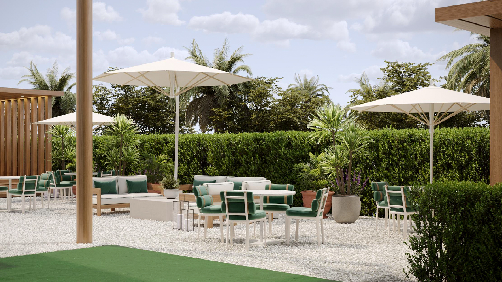 a patio area with chairs and umbrellas