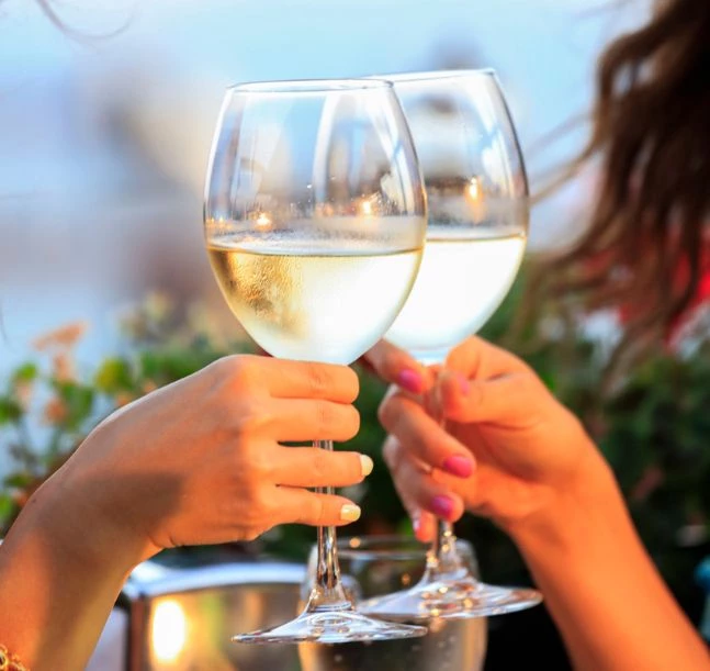 a pair of hands holding wine glasses
