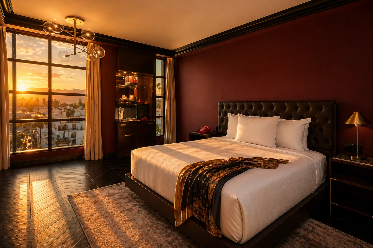 A luxurious hotel room with a king-sized bed, large window, and city view at sunset.