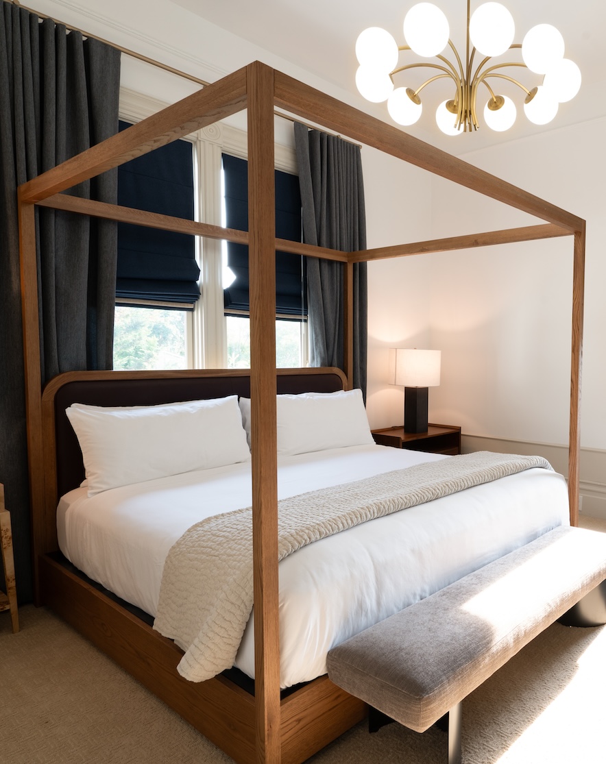 a bed with a wooden frame