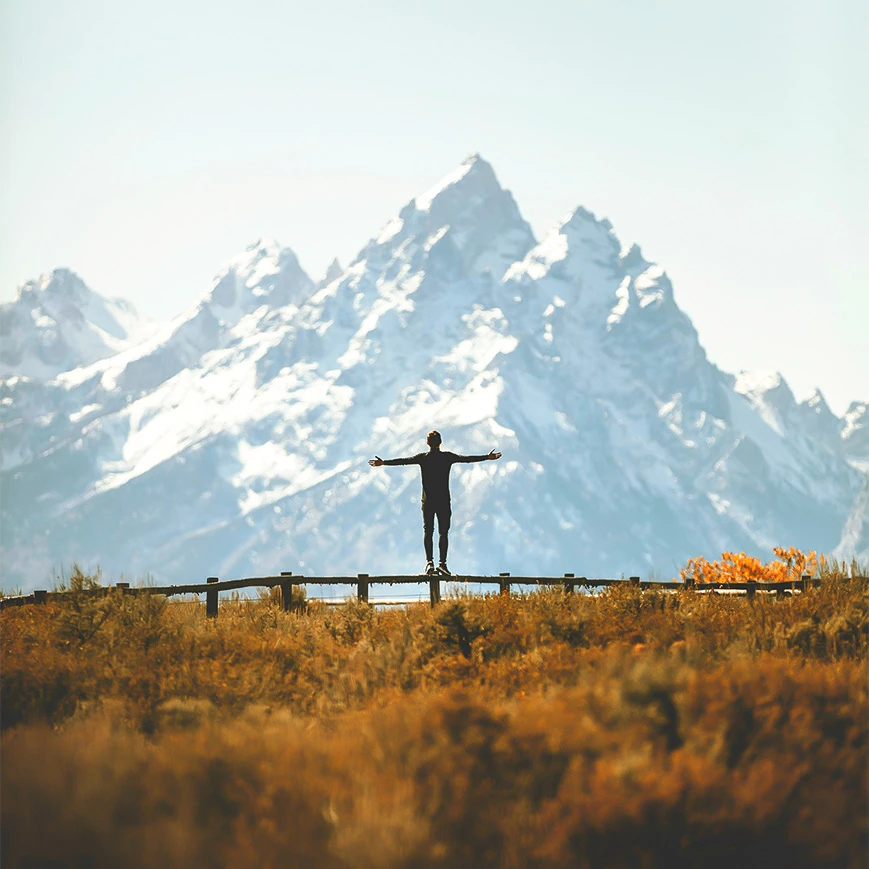 a person standing on a fence with mountains in the background