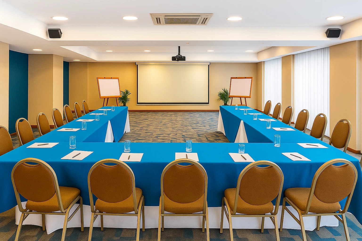 a room with a blue table and chairs