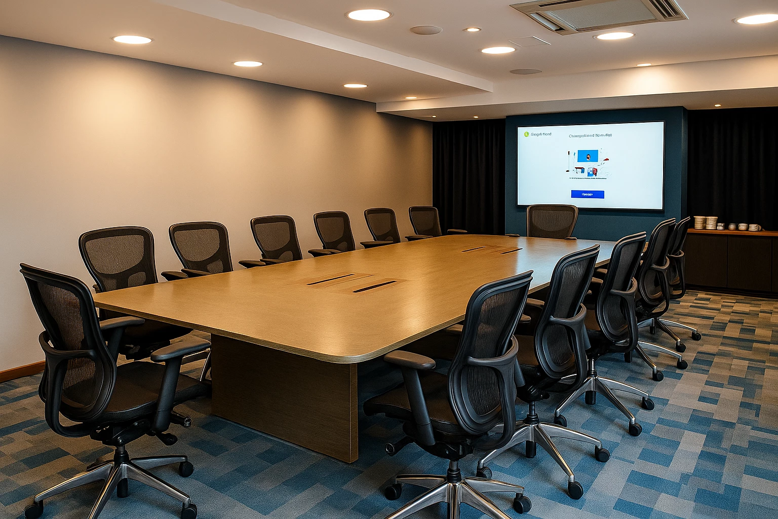 a conference room with a large table and chairs