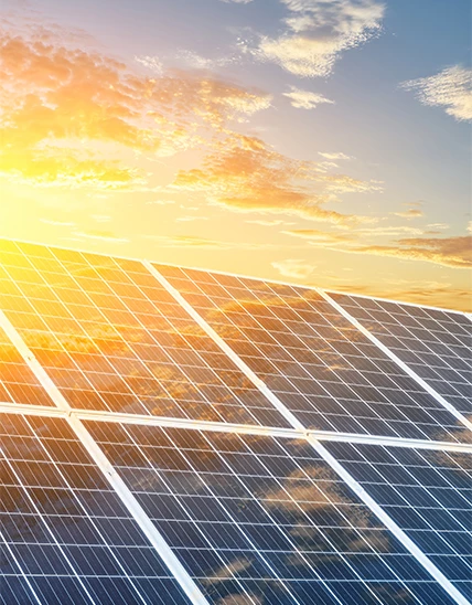 solar panels with the sun reflecting off the sky