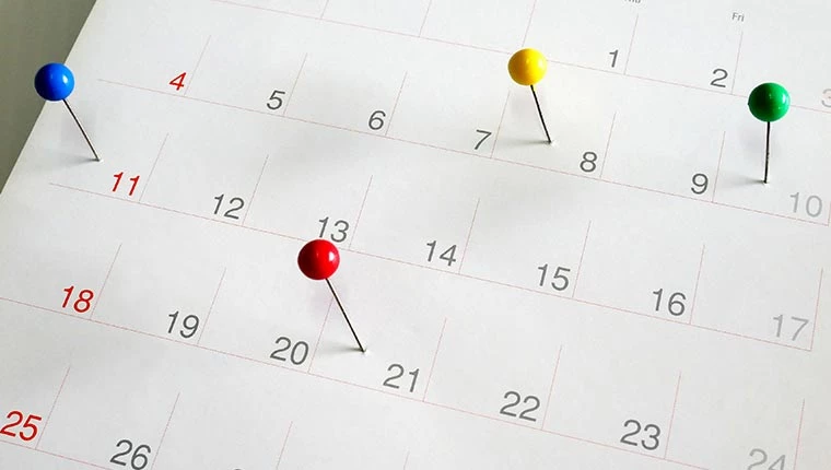 calendar with yellow and red pin points
