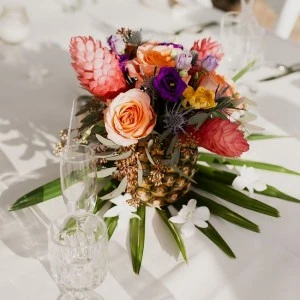 wedding centerpiece with bright flowers