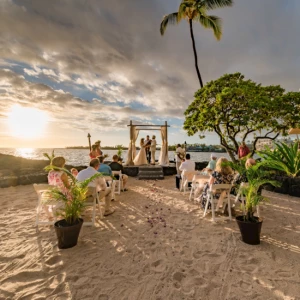 lagoon ceremony with couple on alter and guest looking on
