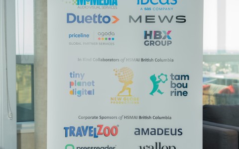 a large white banner with many logos