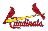 a red and yellow cardinals logo with two birds on it