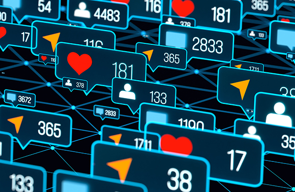 a group of blue rectangular icons with red heart and arrows