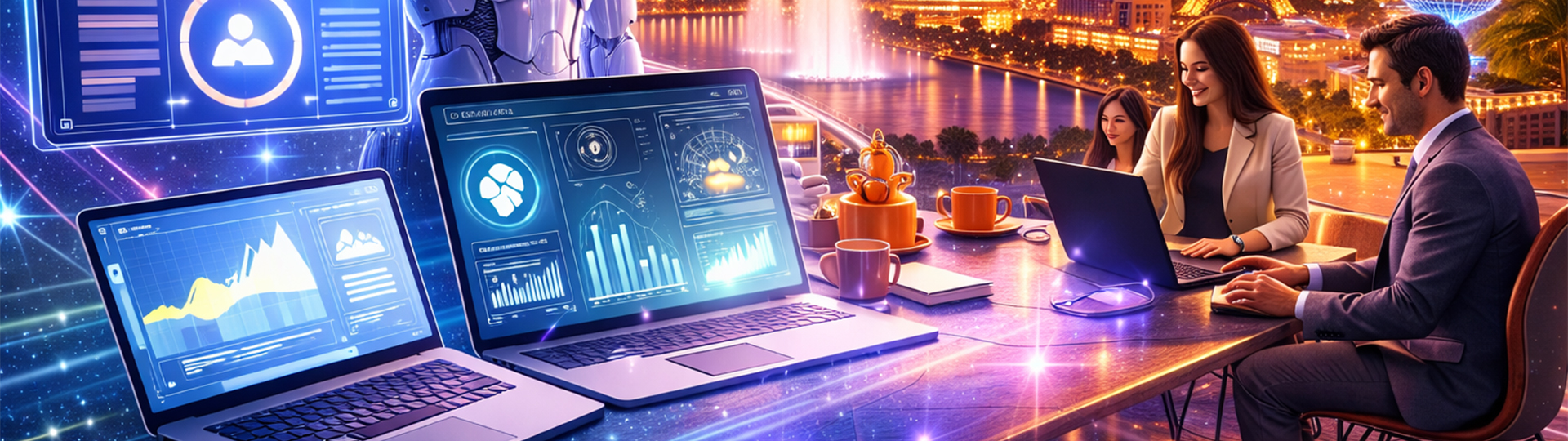 a laptop on a table with a fountain in the background