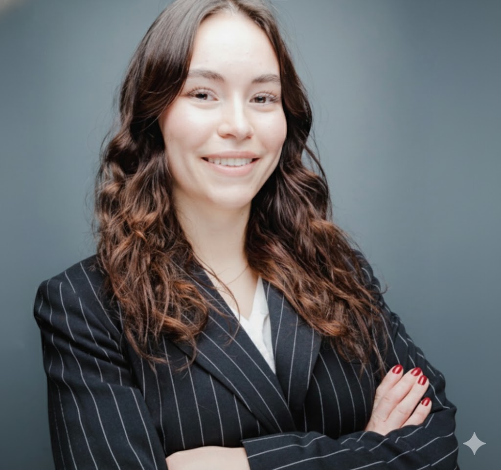 a woman in a pinstriped suit