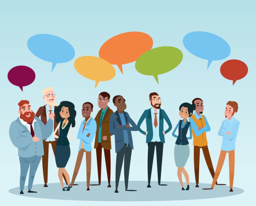 a group of people standing together with speech bubbles